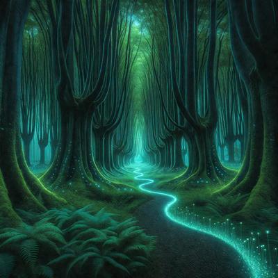 The primary subject of the image is a pathway that is surrounded by a forest of trees. The setting is a lush green forest with a variety of trees, creating a serene and natural atmosphere. The visual style of the image is a digital art or illustration, which adds to the overall mood of the scene. The dominant colors in the image are green, which is prevalent in the trees and the pathway, and blue, which is present in the lighting and the pathway itself.